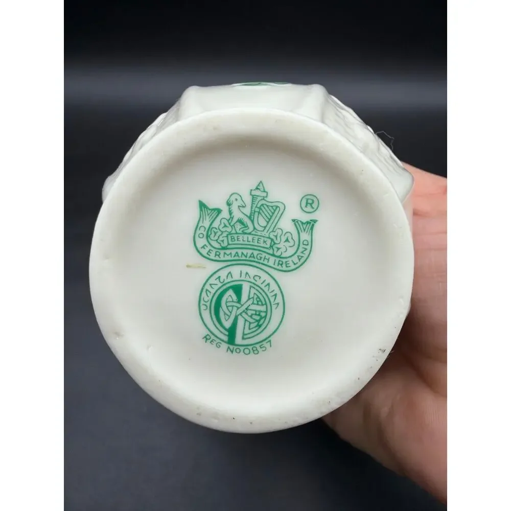 Vintage Belleek Ireland Shamrock Double Handle Vase Reg No 0857 Green Mark 6”